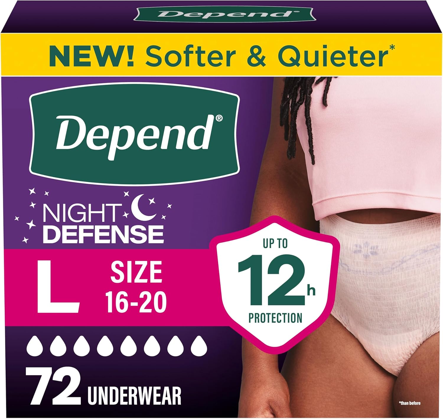 Depend Night Defense Adult Diapers, Incontinence & Postpartum Bladder Leak Underwear for Women, Disposable, Overnight, Large, Blush, 72 Count, Packaging May Vary