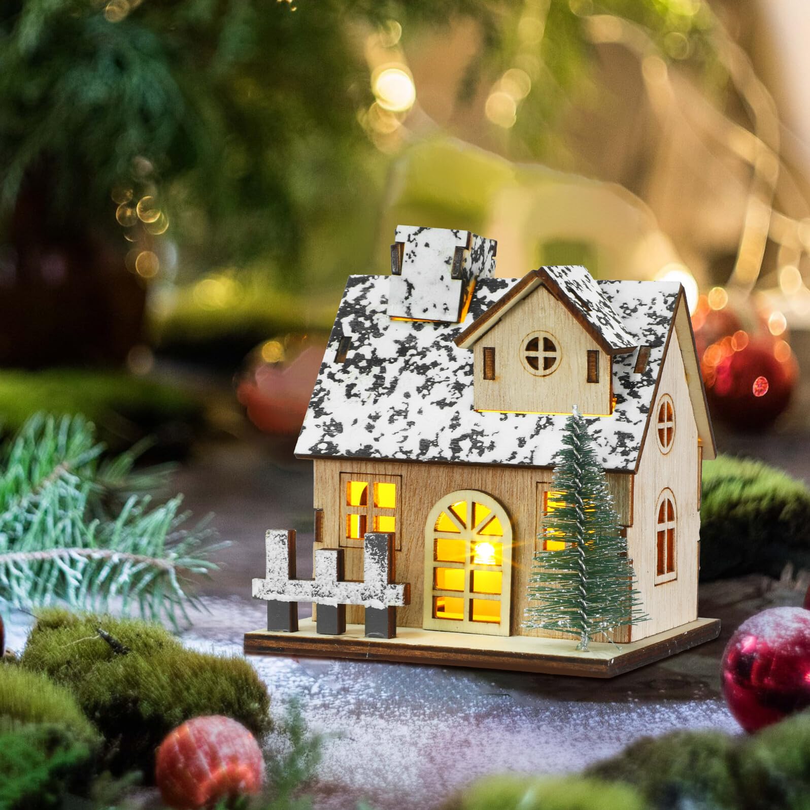 iplusmile 3pezzi Casette di Natale in Legno Luci LED Set di Villaggi Natalizi Decorazioni Artigianali Case in Miniatura Esposizione di Villaggi Natalizi
