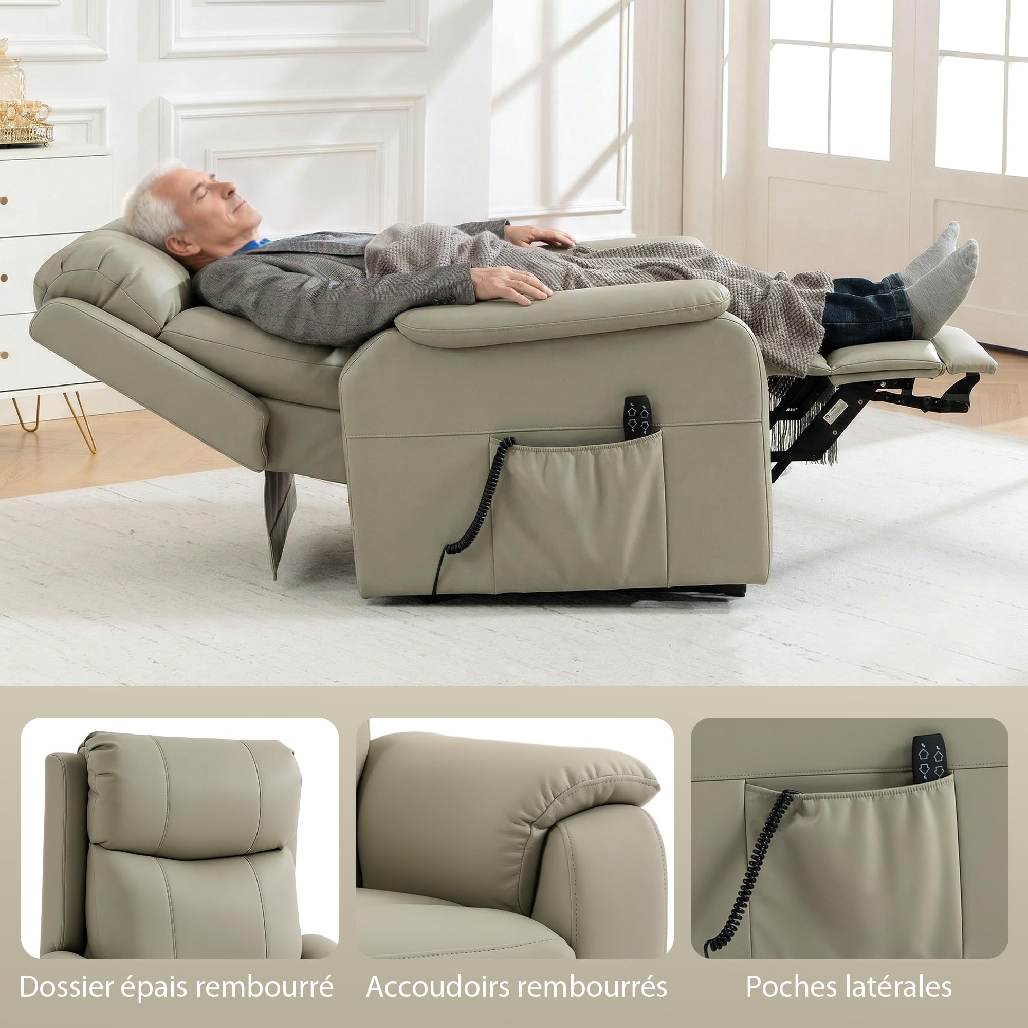 HOMCOM Fauteuil releveur électrique, Fauteuil Relax électrique, Double Moteur, Dossier inclinable, Coussin à Ressorts, Larges accoudoirs, Repose-Pied, roulettes, télécommande, Poches latérales, crème