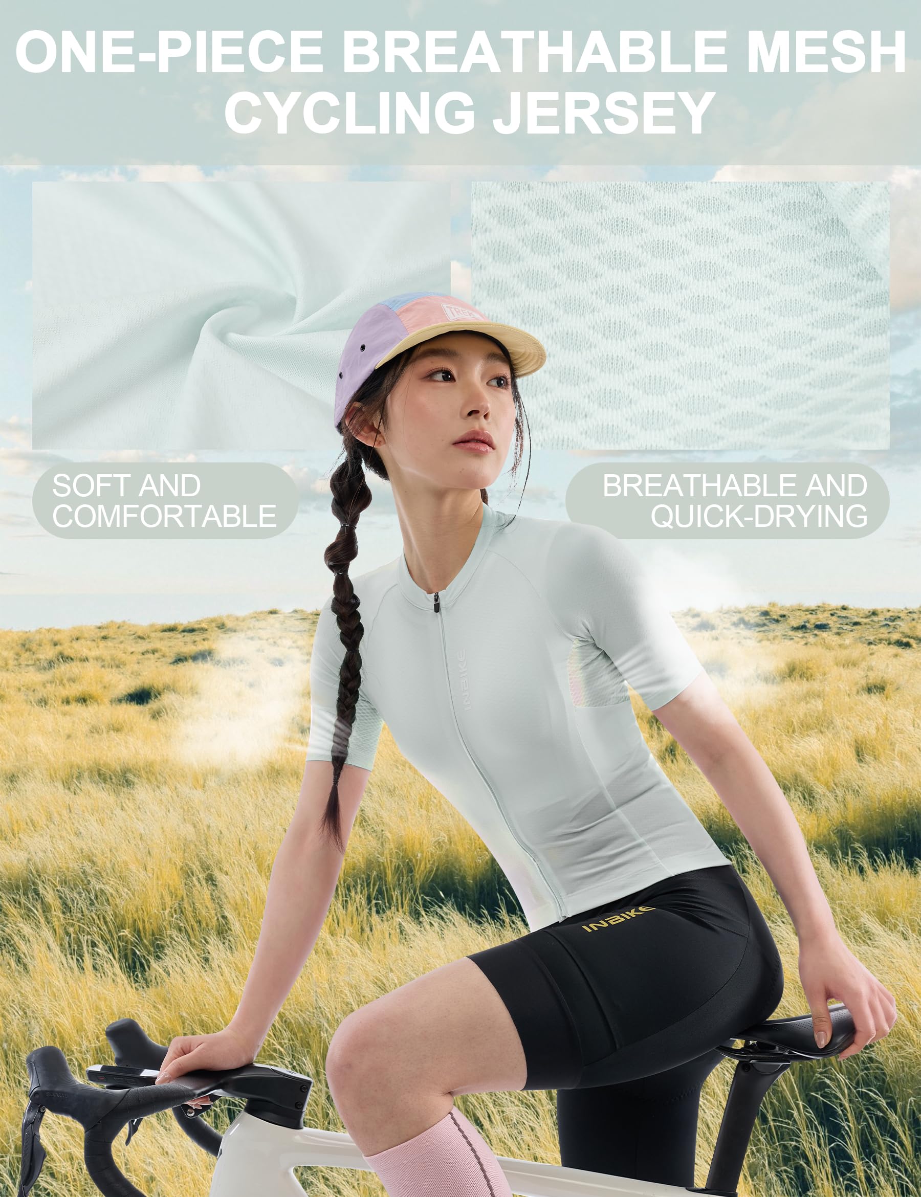 INBIKE Radtrikot Damen Kurzarm Sommer Atmungsaktiv Schnelltrocknend Fahrradtrikot mit Mesh Enges Rennrad Trikot MTB Shirt mit Anti-Rutsch Saum für Radsport Farrad E-Bike