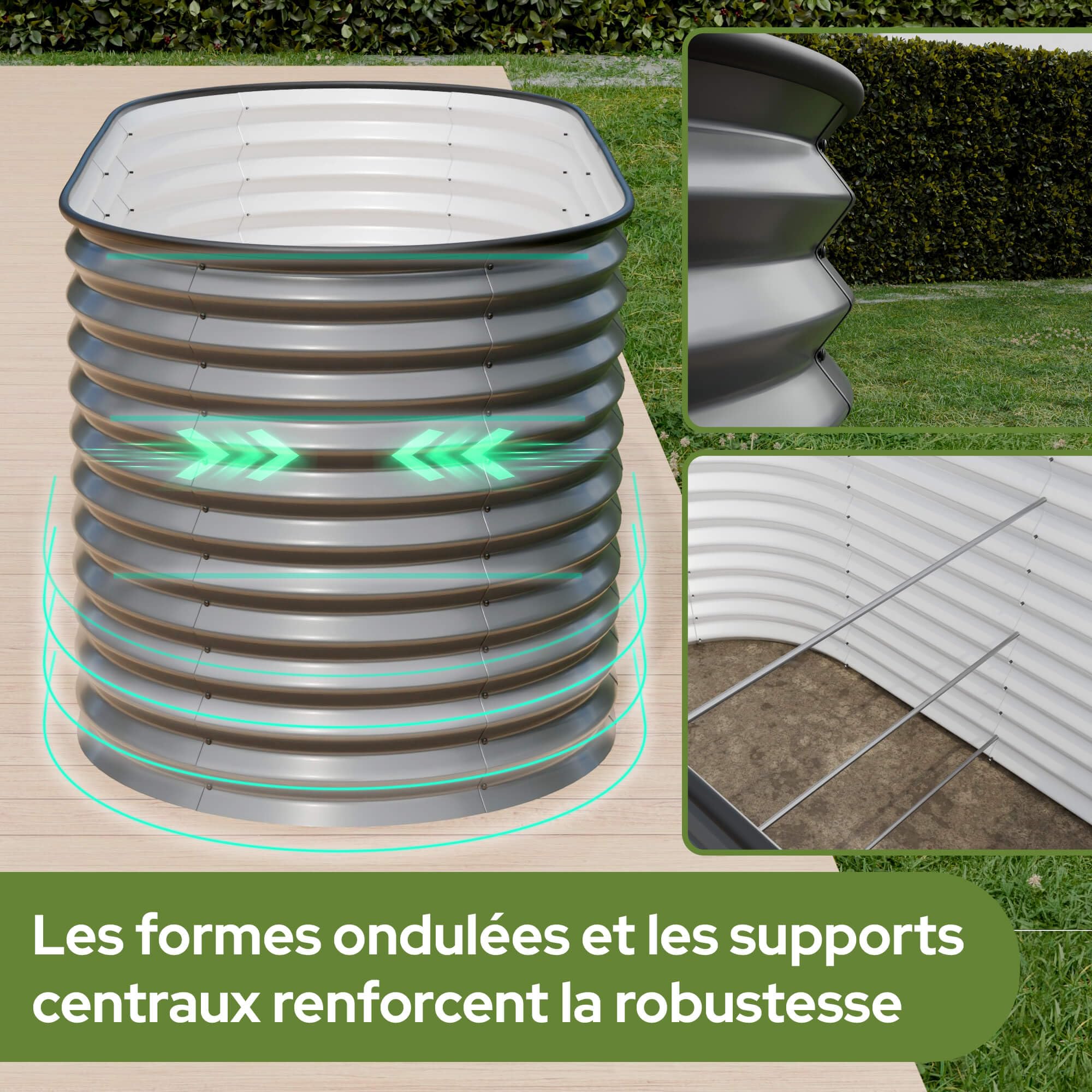 AREBOS Jardinière Surélevée Ovale 240×80×78 cm | Acier Galvanisé avec Bord en Caoutchouc 1170 L | pour Jardin, Terrasse et Balcon | Stable avec Traverses