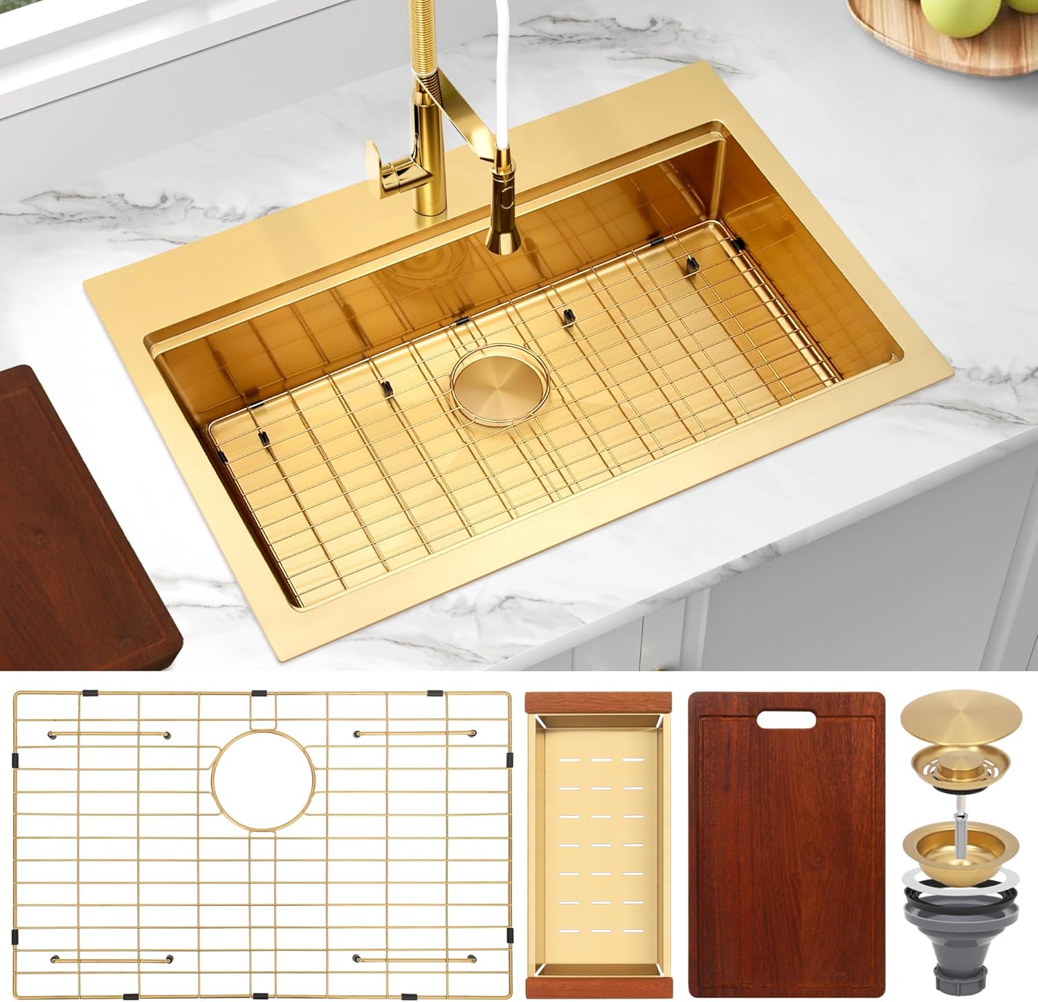 Gold Kitchen Sink 28" X 22",Drop In/Top Mount 16 Gauge Stainless Steel Workstation Sink,Deep & Large Single Bowl Kitchen Sinks (Gold, 28" X 22")