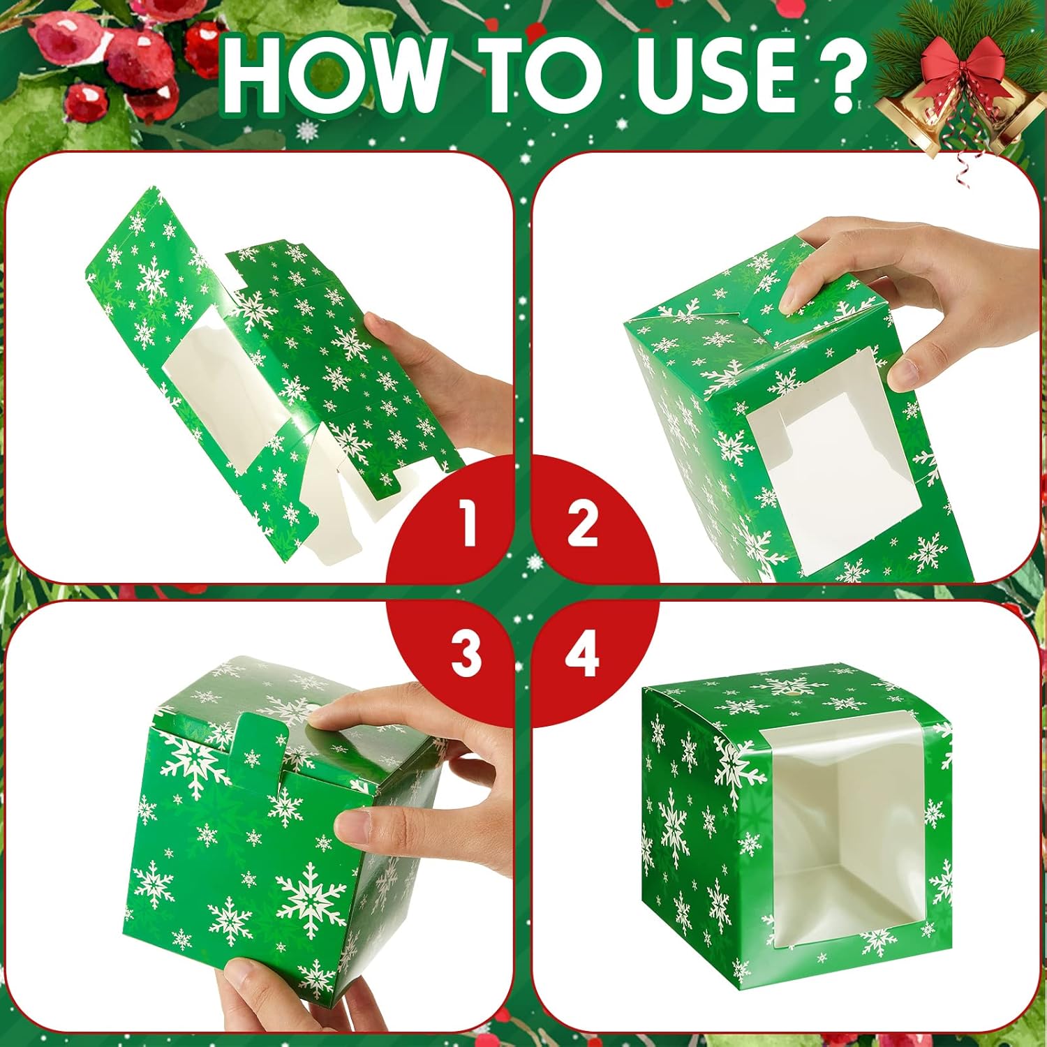 50 Set Christmas Kraft Candy Apple Boxes with Hole Sticks and Ribbons 4x4x4'' Window Clear Favor Boxes Candied Cake Cookies Chocolate Caramel Apple Boxes Gift Treat Boxes for Wedding Party (Snowflake)