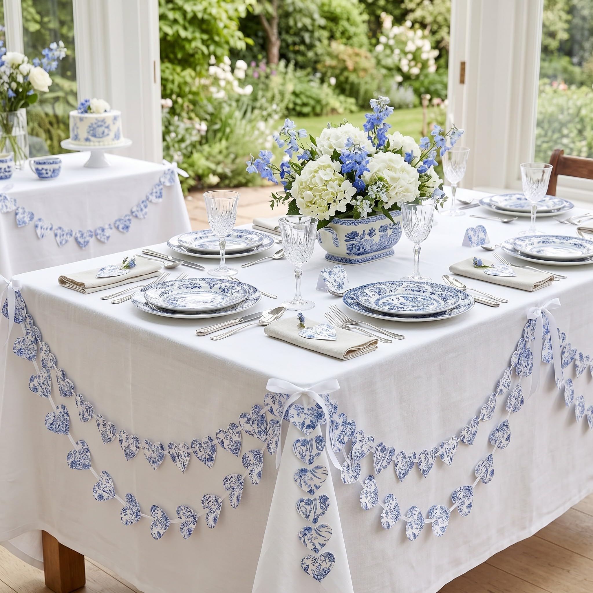 Fullhawl 5 Stück blau-weiße Vintage-Blumen-Papier-Herzgirlande, blaue Brautparty-Dekorationen, blaue Blume, hängende Herzen, Banner für Outdoor, Hochzeit, Verlobung, Geburtstag, blau und weiß,