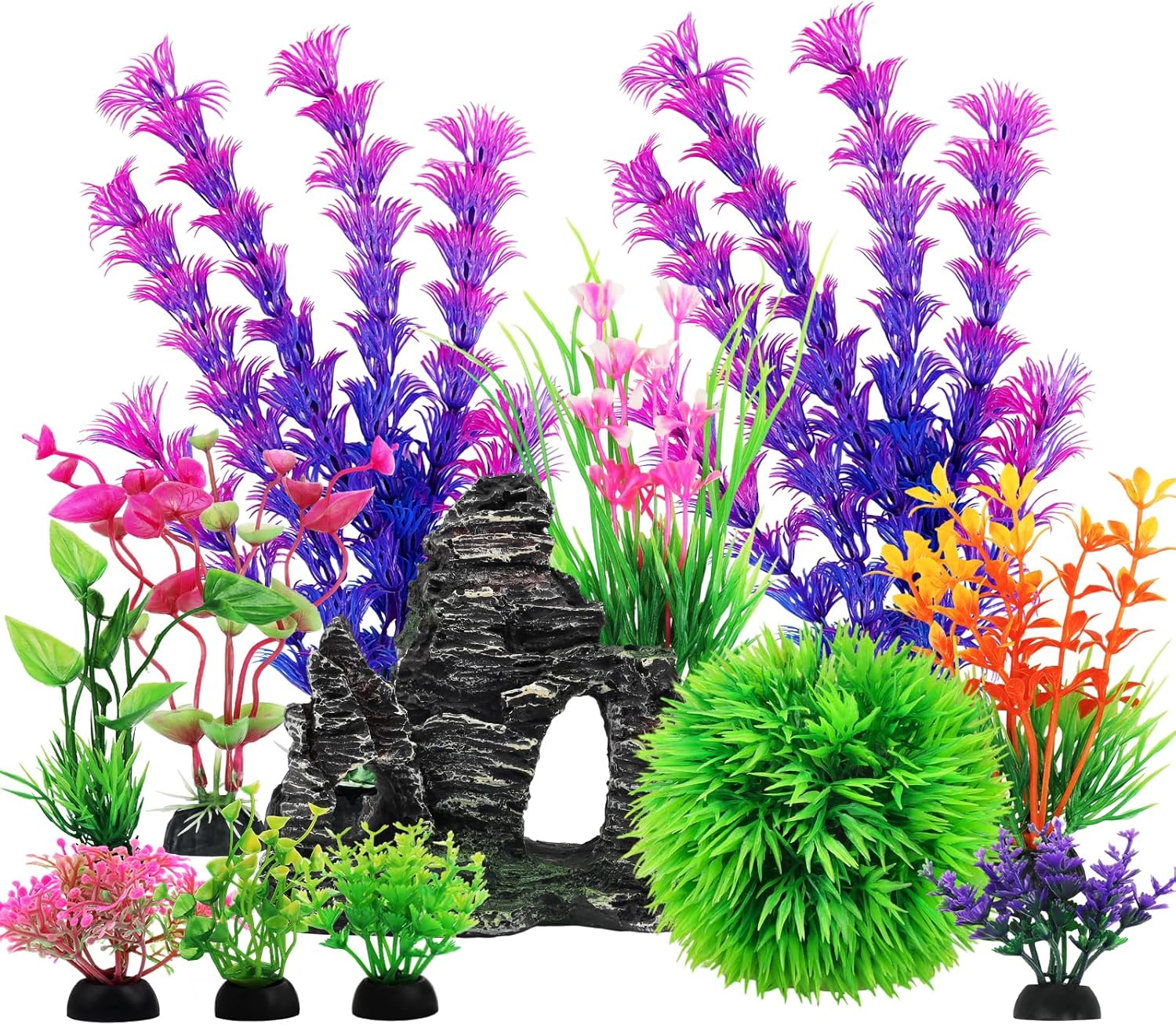 Aquarium Decorations Fish Tank Artificial Plastic Plants, 12pcs Aquarium Decor Plants and Cave Rock Decoration Set Hideout Ornaments, Fish Tank Accessories for Aquariums