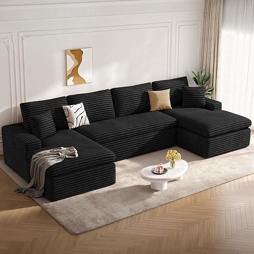 134" U Shaped Modular Sectional Sofa, Oversized Boneless Couches for Living Room,No Assembly Required Corduroy Cloud Couch with Chaise Lounge, Black 1 PCS
