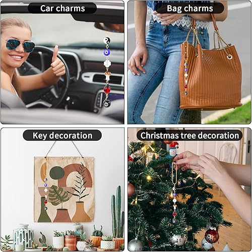 Miniatura 5 de Adorno colgante de auto de mal de ojo, trébol de cuatro hojas, mariquita, 8 bolas, símbolo Yin Yang, dije de hongo de mal de ojo para autos,