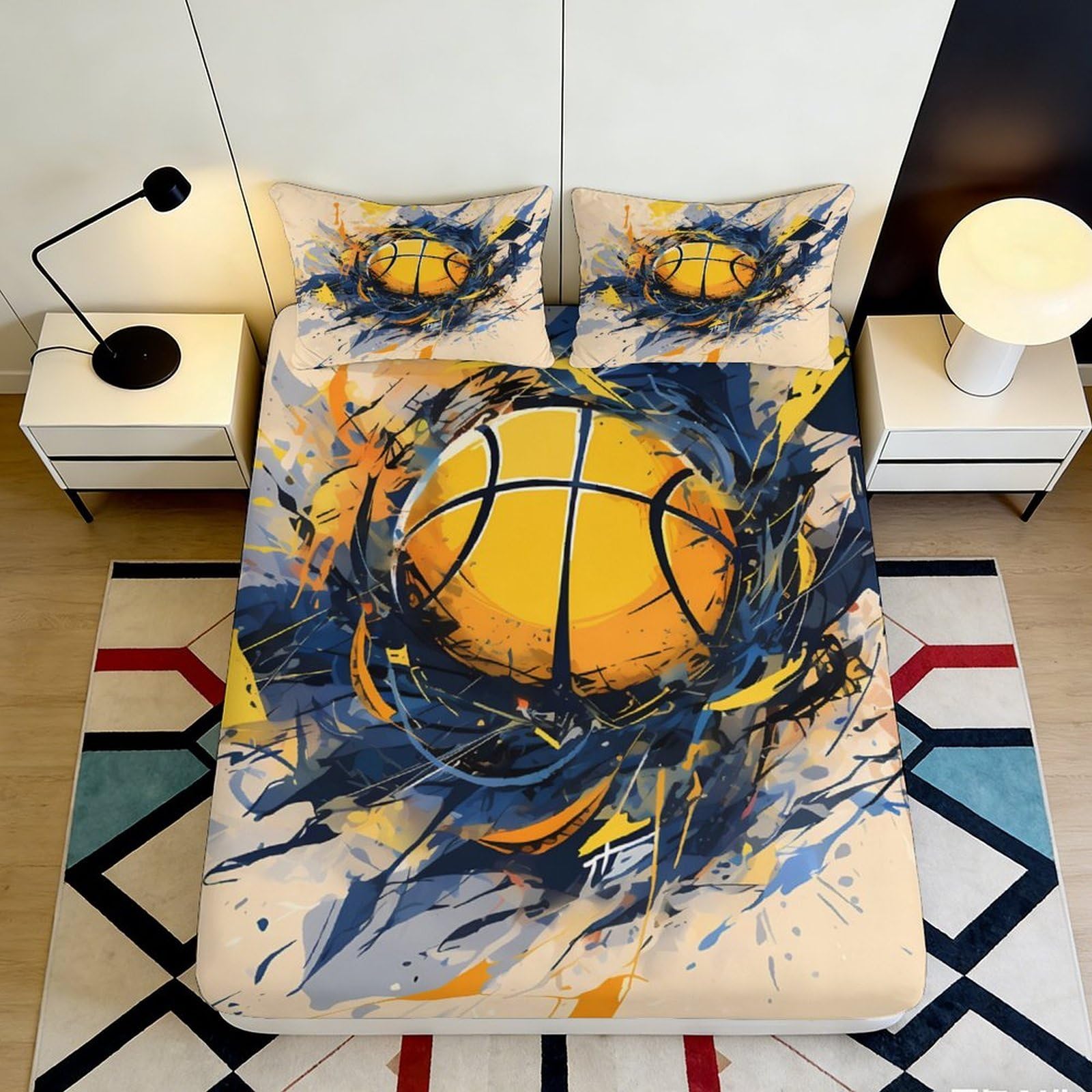 3D Printed Graffiti Basketball Fitted Sheet Microfiber Soft Non-Slip Bed Cover for Bedroom Dorm Mattress Decor 160x200x25cm