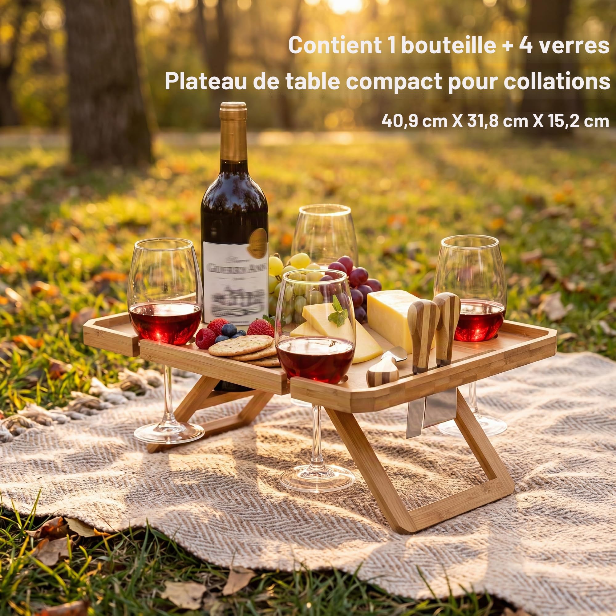 Kingrol Table de Pique-Nique en Bambou avec Bouteille de vin, Verre et Porte-Couteau à Fromage – Parc, Camping, Plage, en-Cas extérieur et Plateau à Fromage, Cadeau pour Amateurs de vin, Pliable et