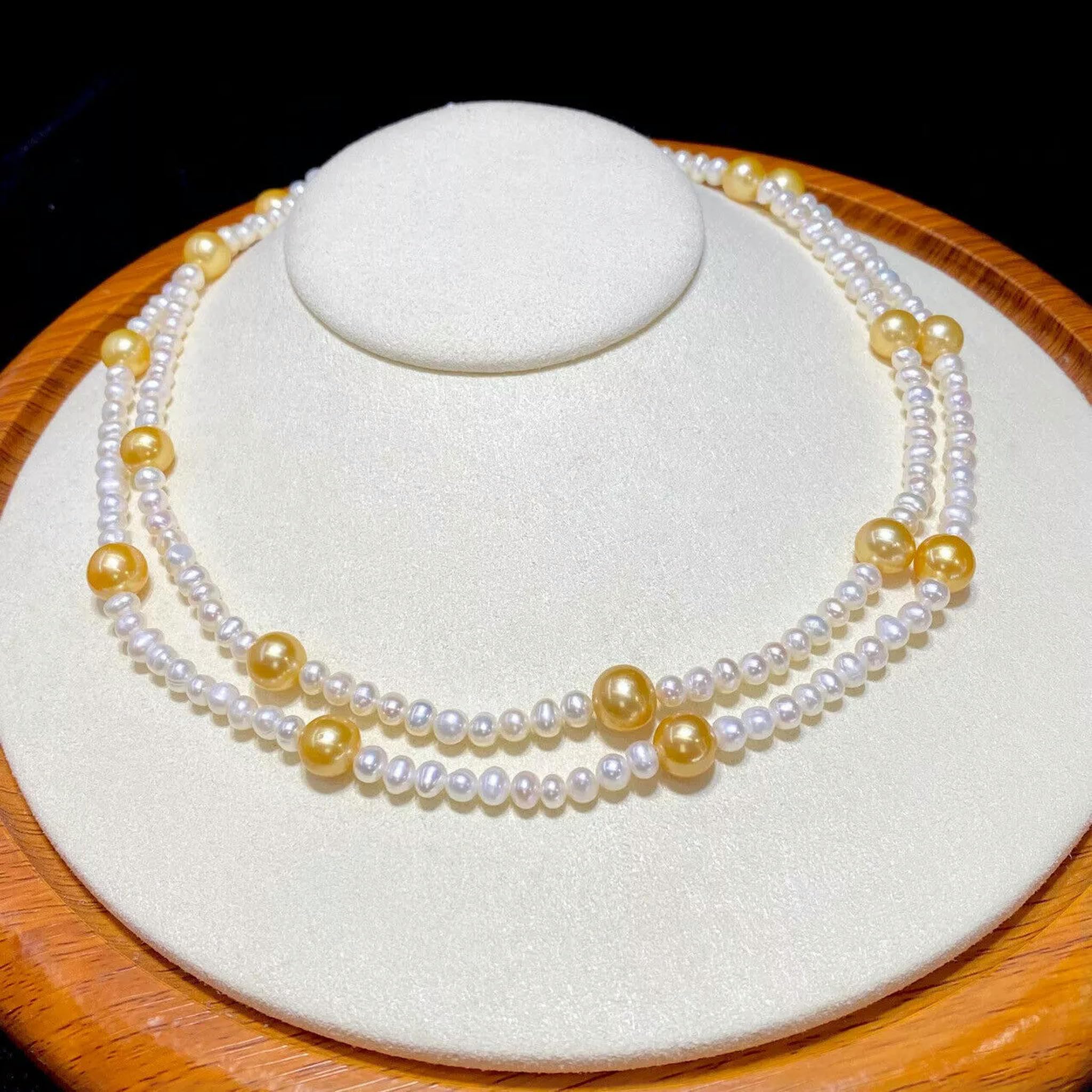 35" Wunderschöne AAA+ 4-8mm natürliche Südsee weiße goldene Perlenkette 14k Gold P
