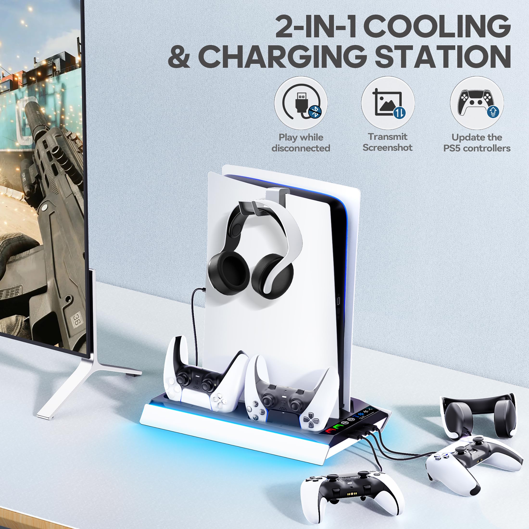 Support de Refroidissement PS5/Slim/Pro avec Ventilateur Automatique 3 Vitesses, Station de Ventilateur Vertical PS5 avec Chargeur de Manette, Base de Refroidissement et d'accessoires PS 5