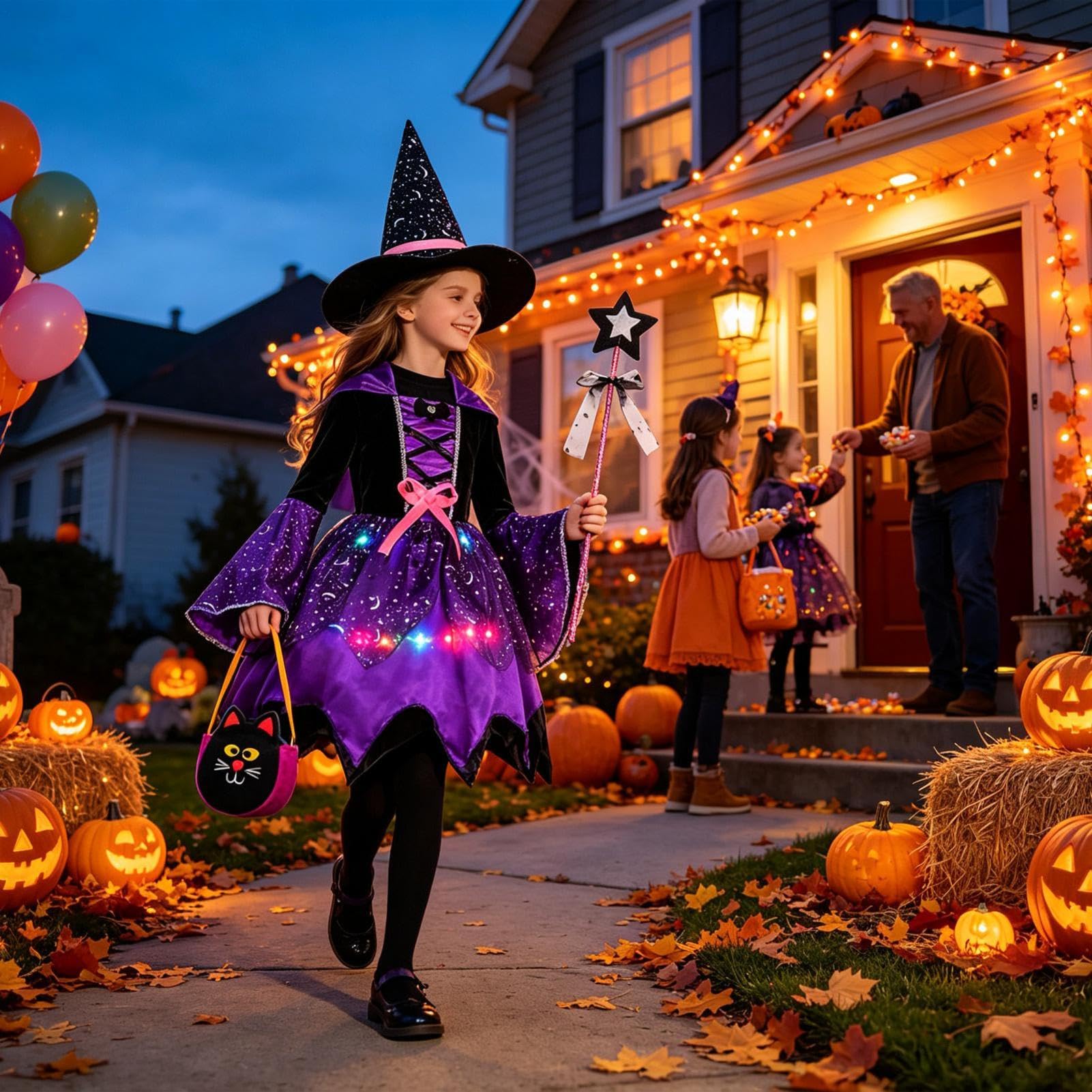 Costume da strega luminoso per Halloween, con cappello a bacchetta