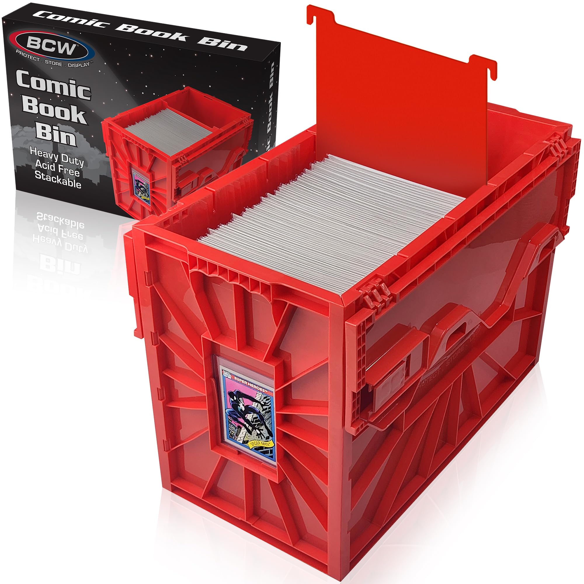 BCW Short Comic Book Bin - Holds 150 Standard Comic Books | Acid Free Comic Book Storage and Organizer | Heavy Duty Plastic Comic Storage Box | Stackable Comics Short Box (Single, Red)