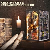 Vista 5 de Kit de Rincón de Libros para Hacer Uno Mismo, Rompecabezas de Madera 3D en Miniatura Sujetalibros Decoración de Estantería con Luz LED, Cubierta