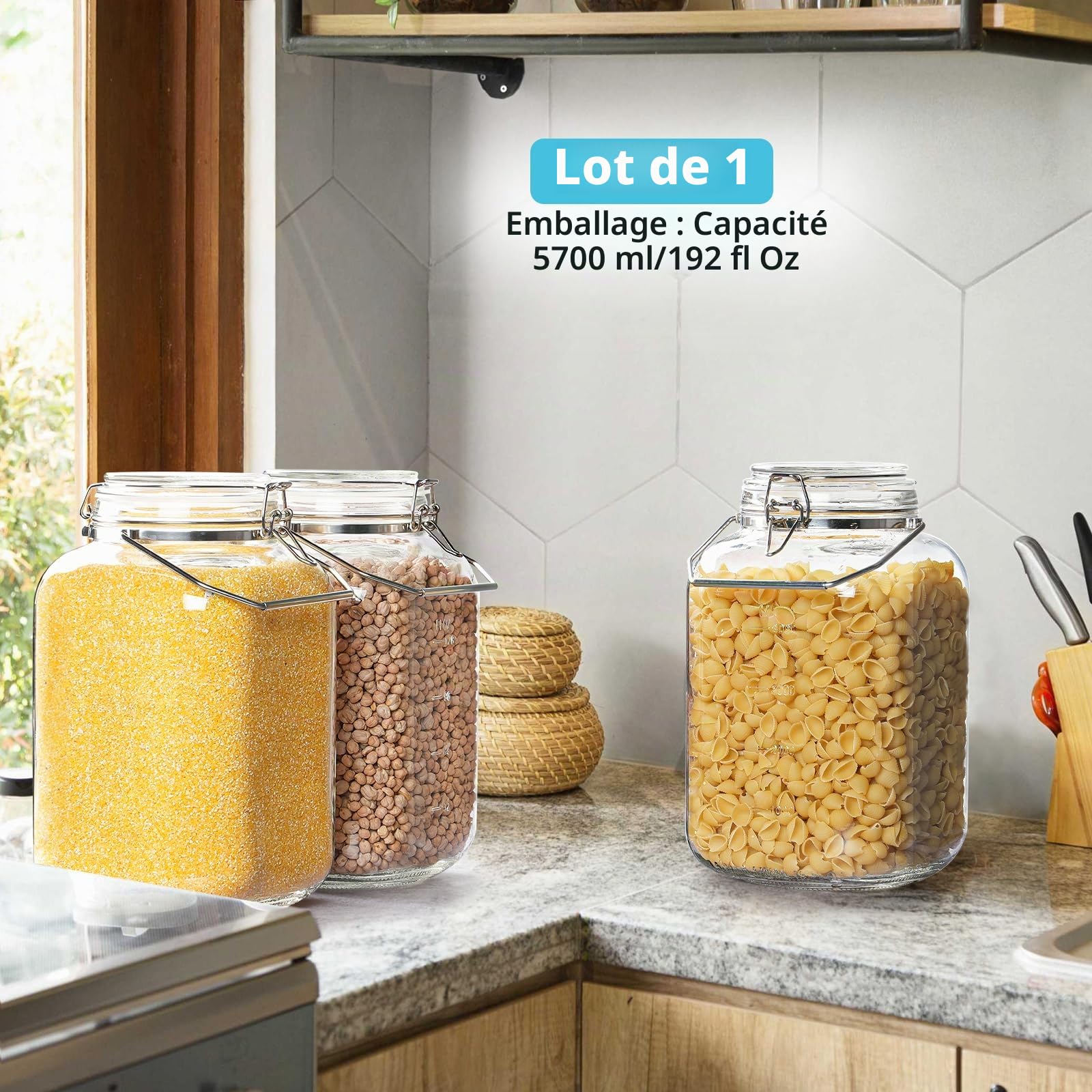 Absovetu Grand bocal de rangement hermétique en verre avec couvercle hermétique 5,7 litres – Bocal Mason à large ouverture avec poignée pour pâtes, riz, cornichons, cookies, bonbons, biscuits