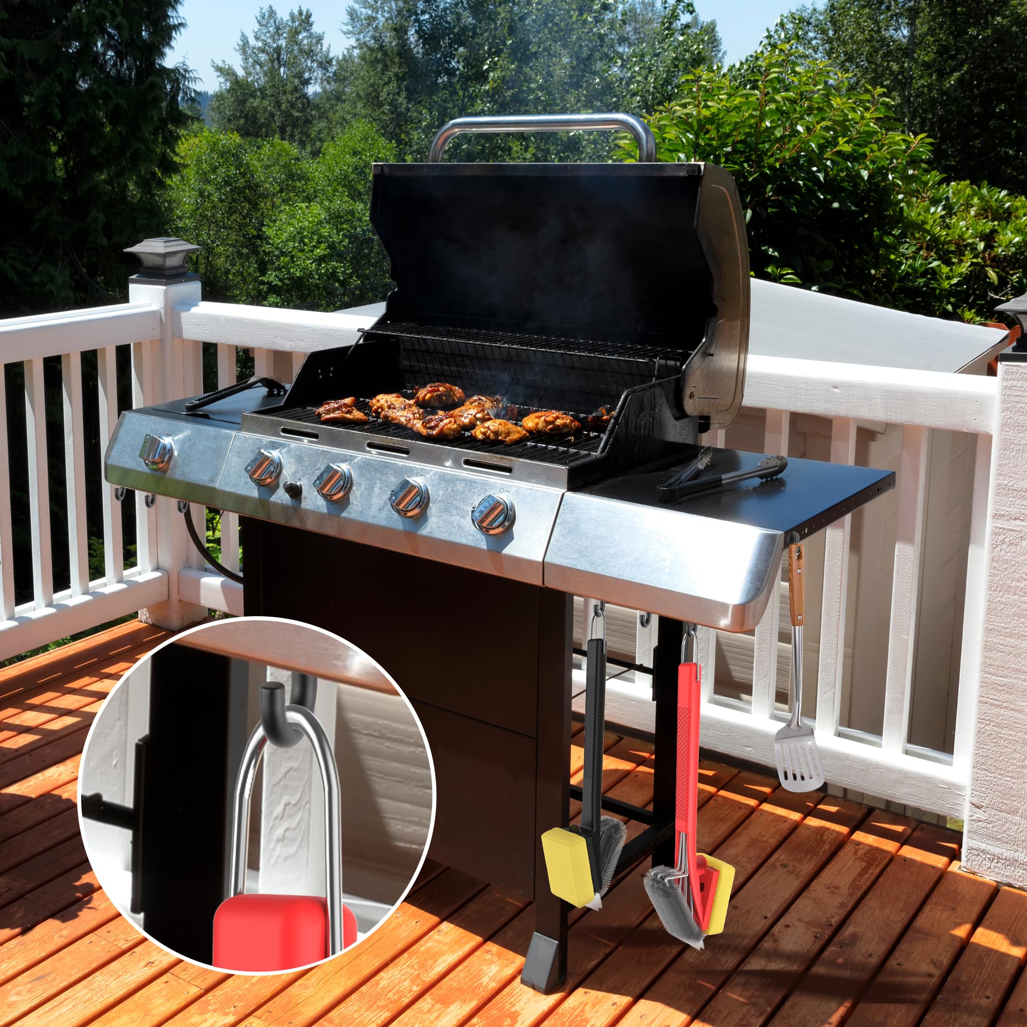 Cepillo para parrilla con raspador, diseño de doble cabeza con esponja y cerdas de alambre, mango antideslizante, limpiador de barbacoa 2 en 1 para parrillas de gas y carbón, rojo