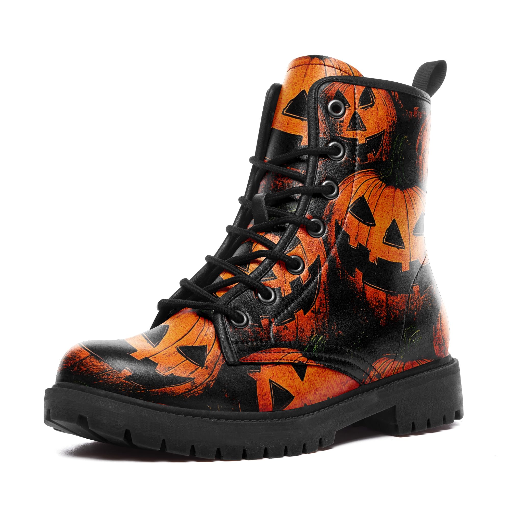 Halloween Combat Boots Comfortable Spooky Pumpkin Ghost Print Lace-Up Goth Platform Booties for Fall Parties Everyday