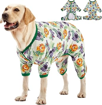 LovinPet Large Dog Pajamas Onesie Lightweight Stretchy Knit Pullover Large Breed Jammies, Big Hippo Green Print, Wound Care/Post Surgery Dog Shirt, UV Protection, Pet PJs, Dog Onesie/Medium