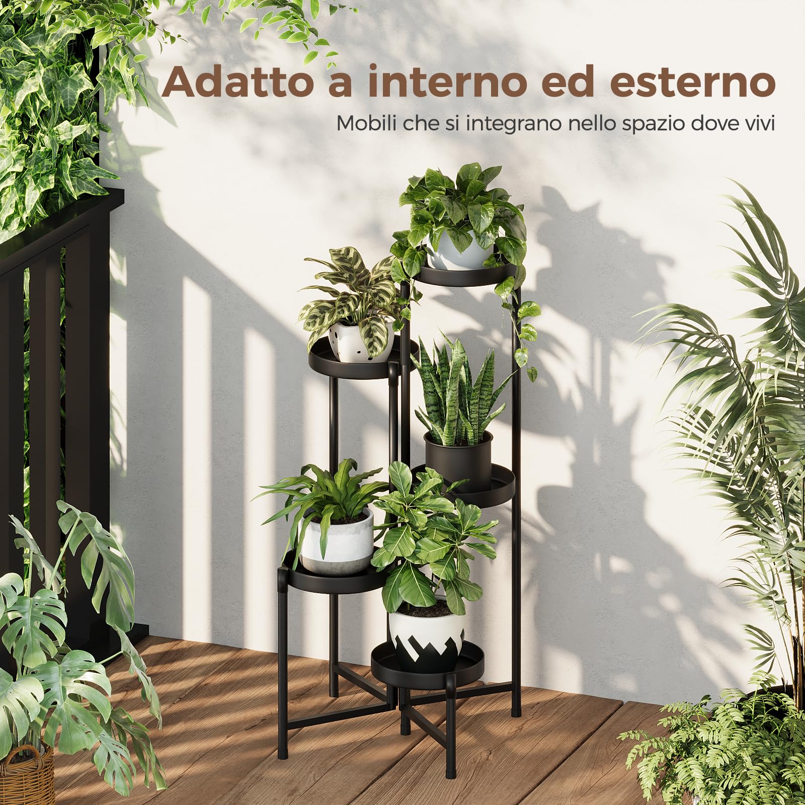 Bamworld Porta piante da interno in metallo a 5 livelli, supporto stabile per piante da interno ed esterno, design moderno per soggiorno, balcone e giardino