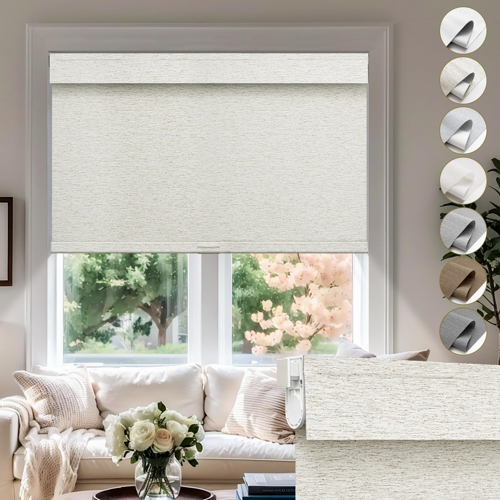 Moonice No Drill No Tools Cordless Roller Blinds for Windows 100% Blackout Roller Shades Valance Jacquard Linen Fabric Thermal Insulated Roll Up Blinds for Home (Creamy,110cm W x 150cm H)