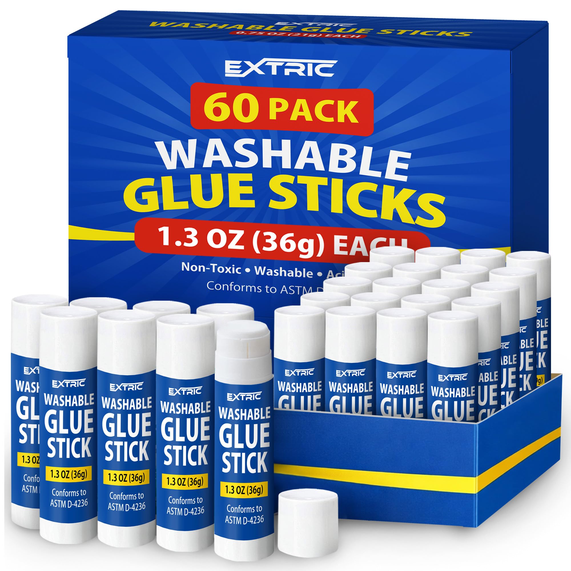 Glue Sticks Bulk Classroom, White Glue Sticks for Kids 60 Count, 1.3 Ounce, Washable All Purpose, for Kids, School and Home