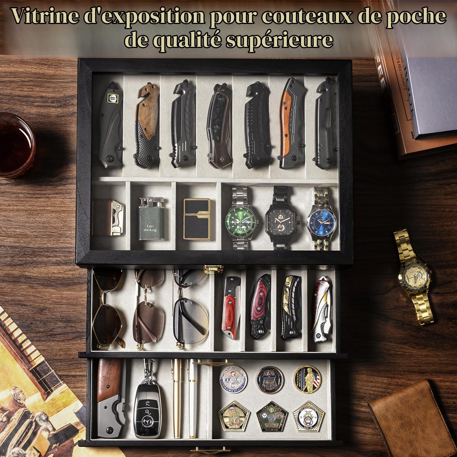 3 Étages Coffret Poignard, Bois Boîte Présentation Poignard pour 30 à 36 Couteaux de Poche, Grande Vitrine à Couteaux avec Vitre Supérieure en Verre Véritable, pour Collection, Cadeau (Noir)