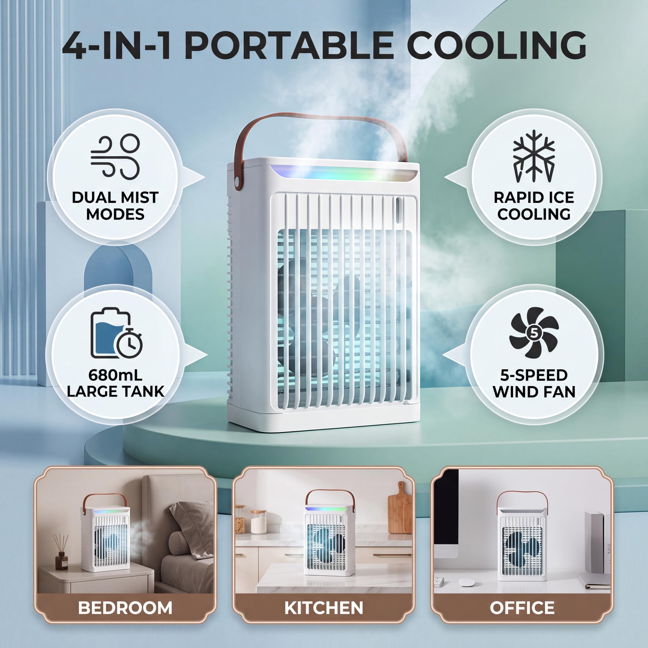 Mini Condizionatore Portatili Senza Tubo Climatizzatore Portatile Ventola 'umidificatore con Serbatoio 680 Ml 2 Nebbie Fredde 5 velocità 2 Nebbie Fredde e 7 LED Nebulizzatore Condizionatore