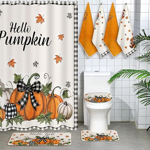 Miniatura 5 de VitalCozy Juego de 8 cortinas de ducha de Acción de Gracias, cortinas de ducha de otoño con alfombra, tapa de inodoro, toallas y gancho para