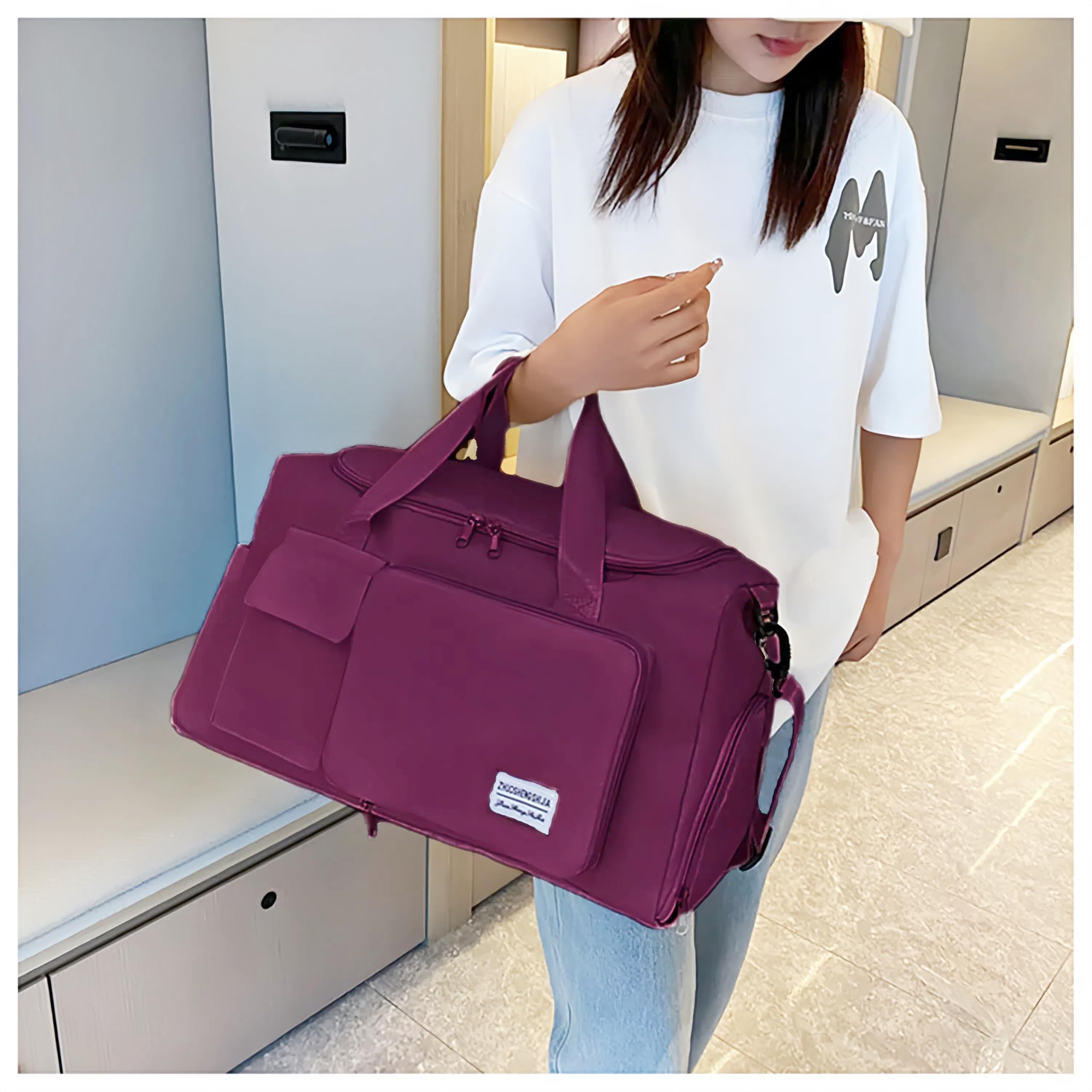Borsone multiuso pieghevole da 20 l, per palestra, yoga, borsa da viaggio, organizer da viaggio, borsa da cabina, scomparto per asciutto e bagnato, Vino rosso, Casual moderno