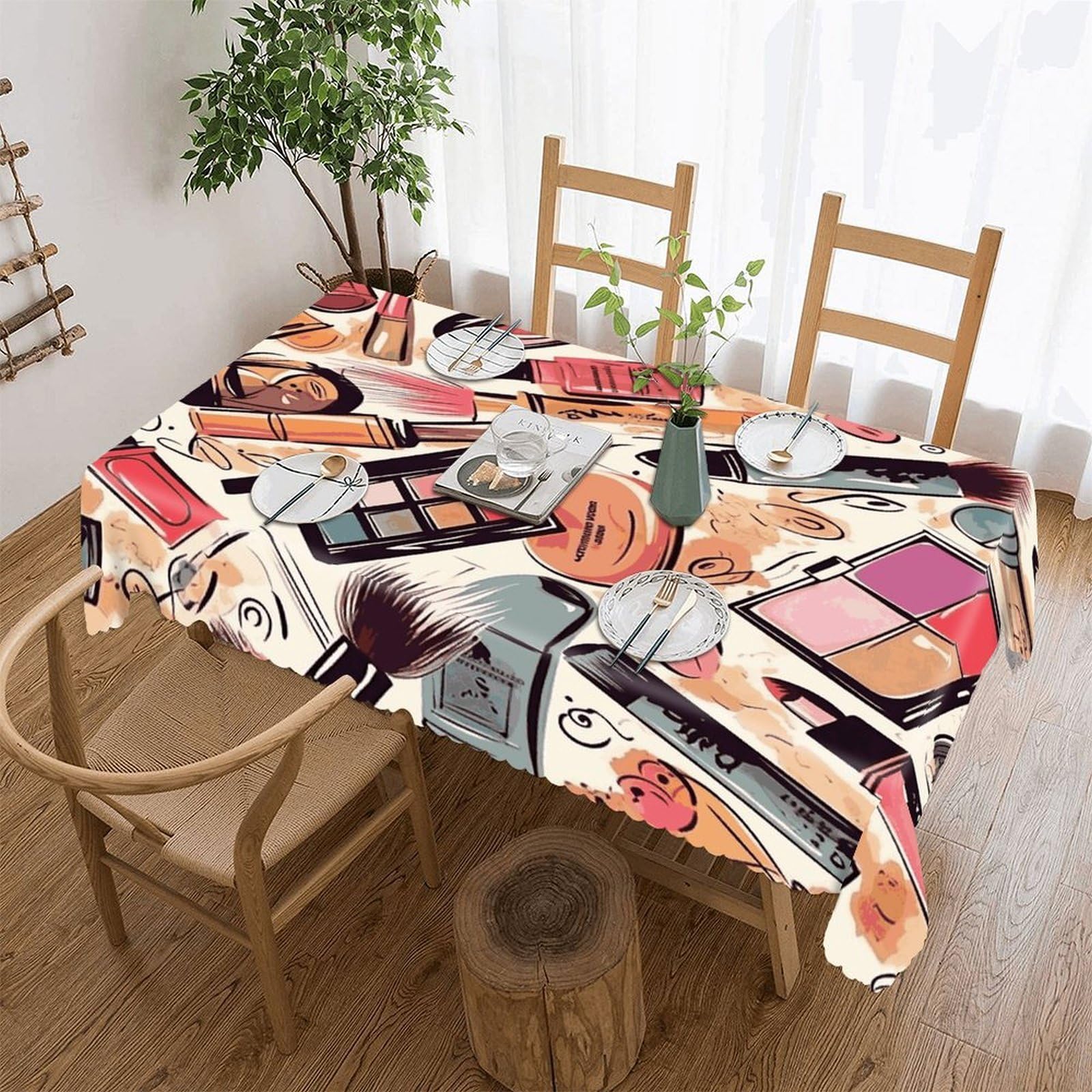 FekiLoot Cosmetic and Makeup Theme Pattern Tablecloths for Rectangle Tables Wipeable Spillproof Polyester Table Cloth Wrinkle Free Farmhouse Dining Tables Cover Elegant Vintage Decor Tablecover