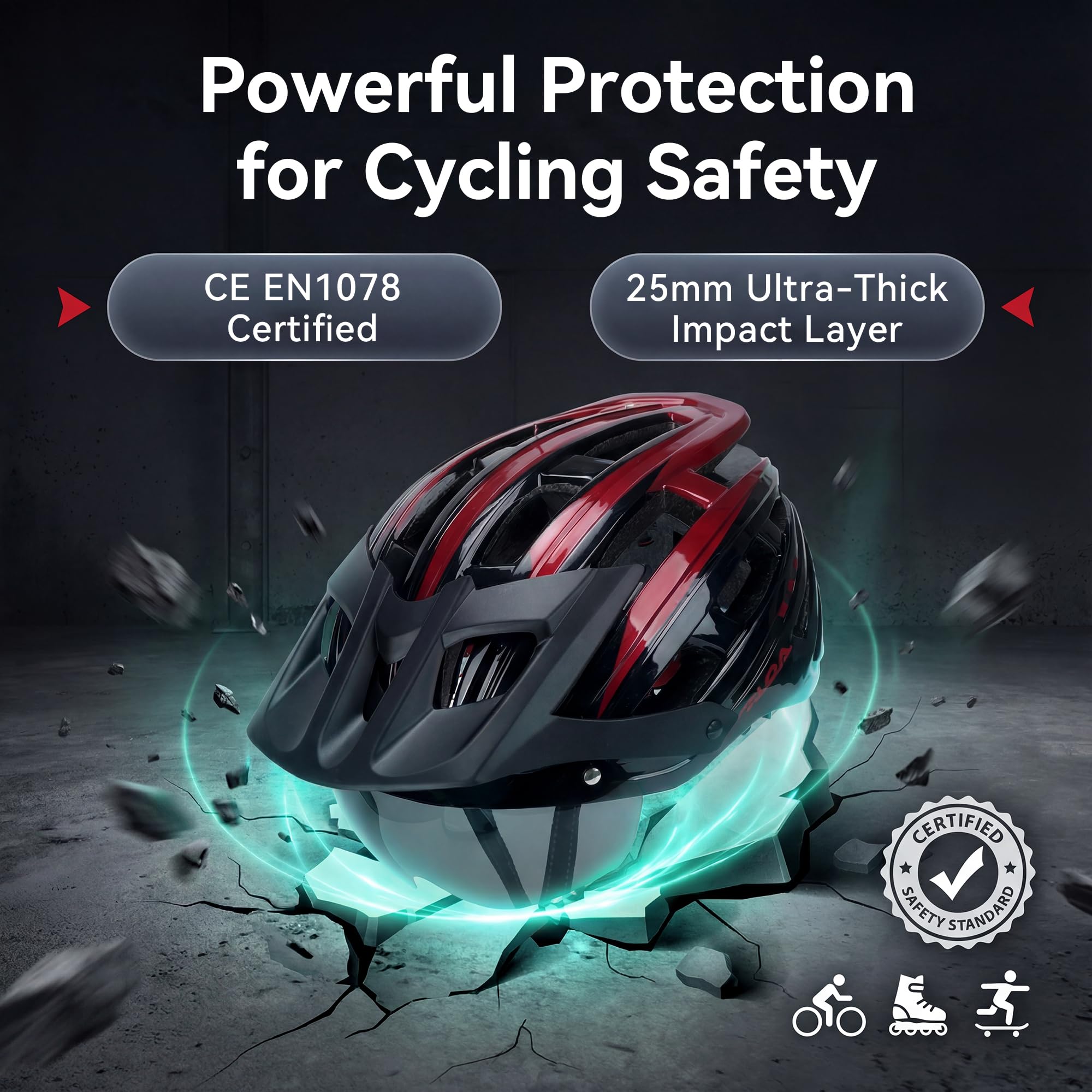 RLQA Casco Bici Uomo Donna con Luce LED Posteriore a 5 Modalità e Visiera Magnetica, Casco MTB e Bici da Strada, 24 Prese d'Aria, Leggero e Regolabile - 3