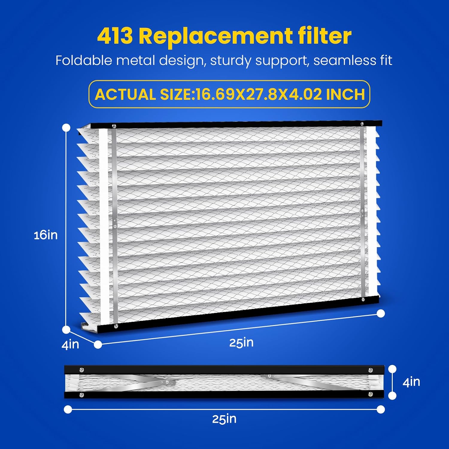 2-Pack 413 Replacement Filter Compatible with AprilAire Whole House Air Purifiers Models 1410, 1610, 2410, 2416, 3410, 4400, MERV 13 Air Purifiers, Size:16x25x4(Actual size:16.69x27.8x4.02in)