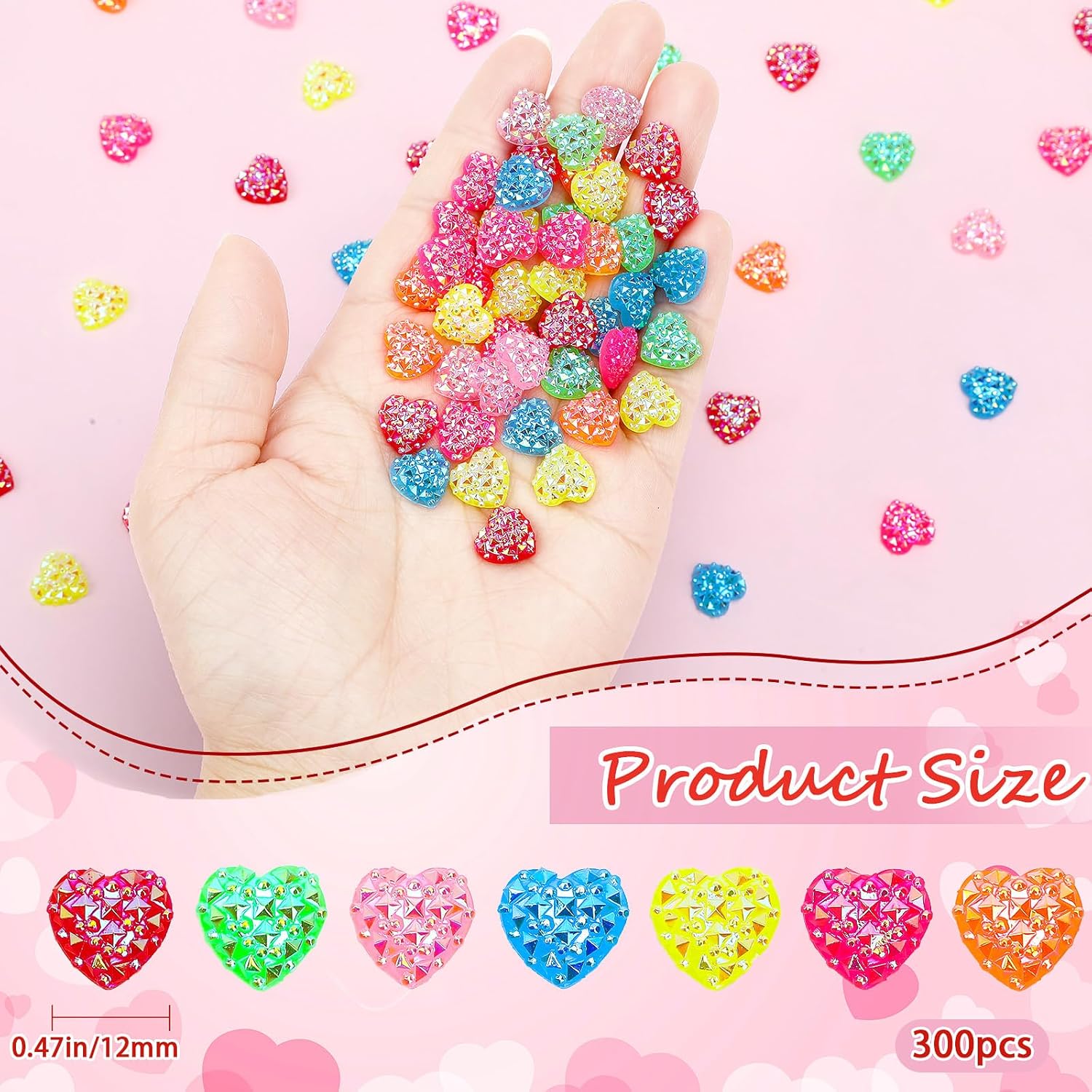 JUNEBRUSHS 300 Pcs Sparkling Mini Heart Resin, 7 Vibrant Colors Flat Back Resin Heart Charms for DIY Crafts Jewelry Making and Valentine's Day Gift Decoration - Image 2