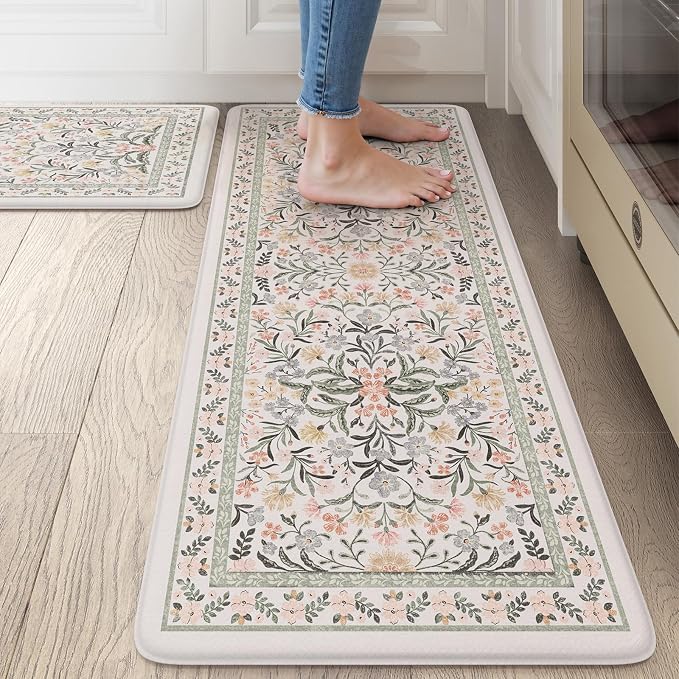 Anti Fatigue Kitchen Floor Mat, Cushioned Waterproof Sink Mats Non Slip Floral Kitchen Rugs Sets of 2, Comfort Modern Standing Rug for Office, Laundry, Desk, 17"x30"+17"x47", Grey