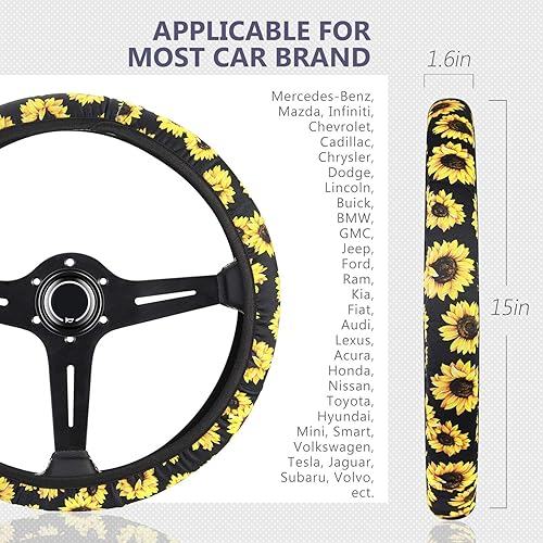 Miniatura 3 de Funda para volante con estampado de girasol para mujer con portavasos para automóvil y llavero con tema de girasol, funda para volante linda y a la