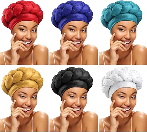 Miniatura 8 de 6 piezas de turbante africano para mujeres negras, gorro trenzado elástico, turbante trenzado