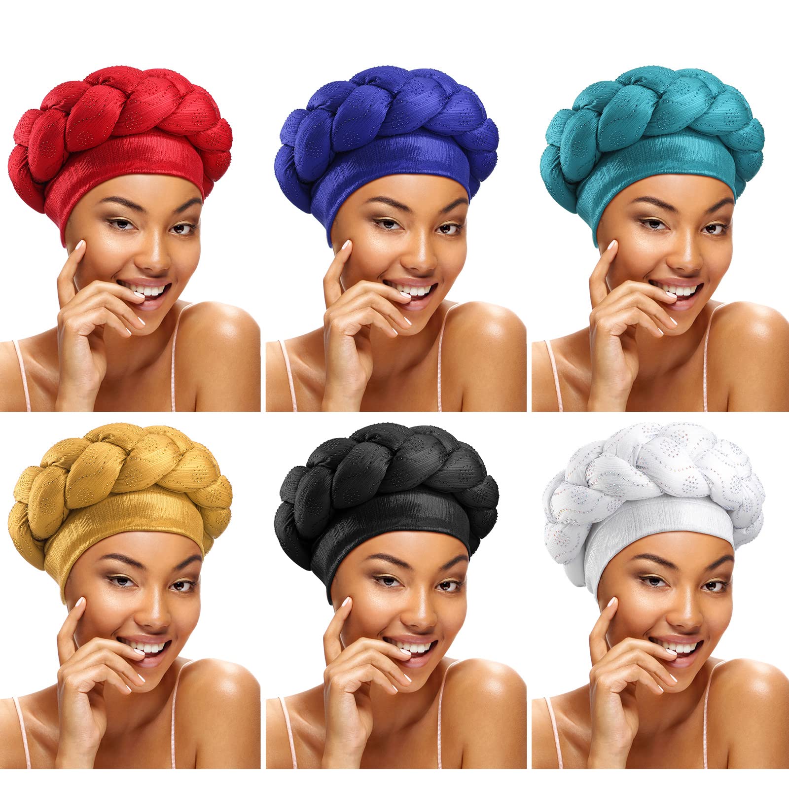 Lenwen 6 Pcs African Women Turban Caps Beanie Pre Tied Turbans Twist Braid Headwraps