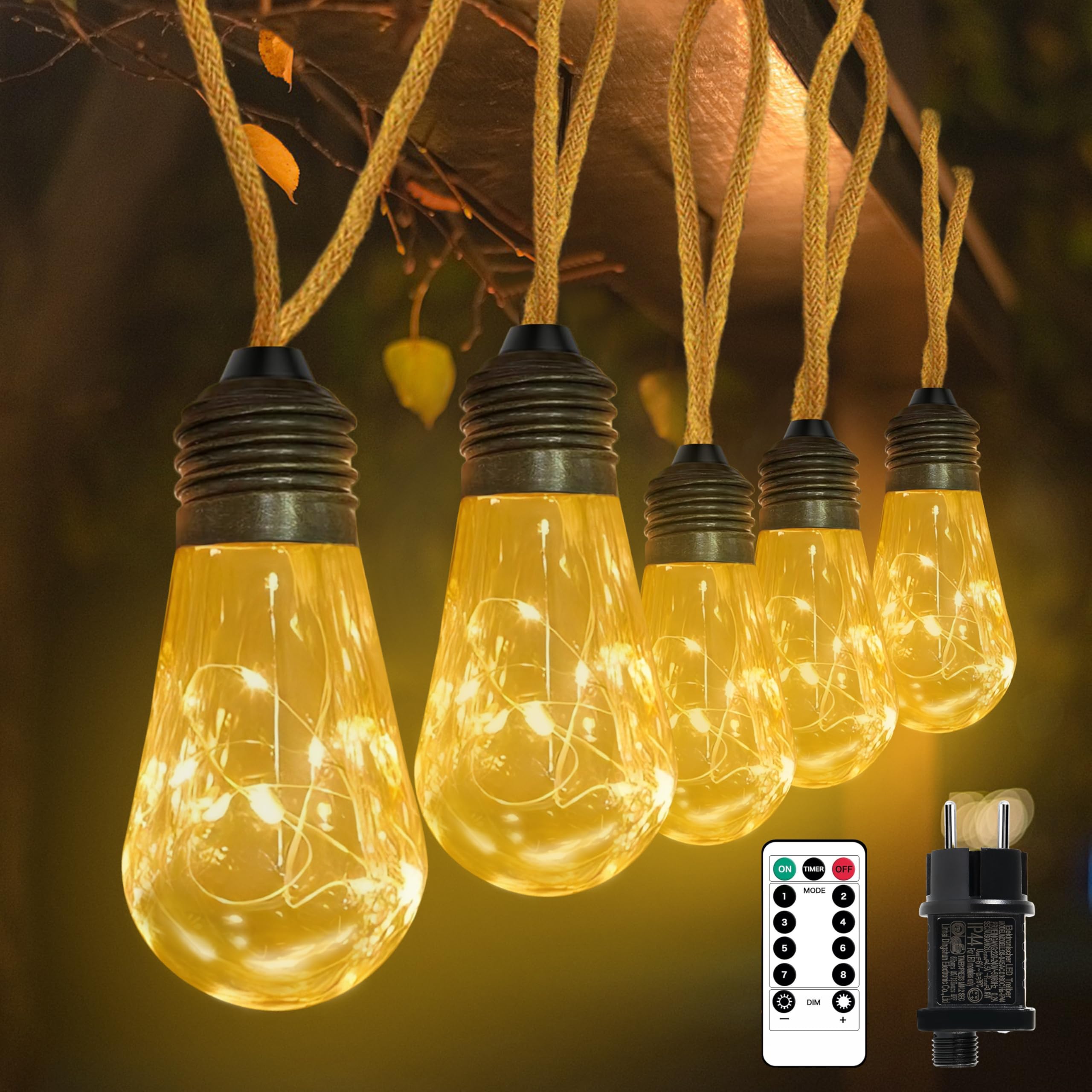 Guirlande lumineuse LED Extérieur et Intérieur, 7M 20LED Vintage Guirnaldas Luces électrique avec Corde de Chanvre, Ampoules LED 8 Modes Timer, Déco pour jardins Fête Balcon Chambre(Blanco Cálido)