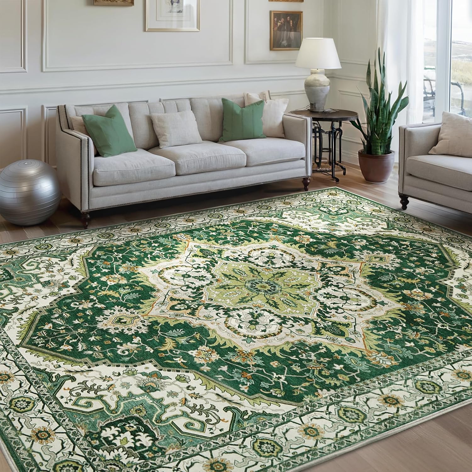 Area Rugs for Living Room 9x12 - Large Machine Washable Vintage Oriental Soft Rug, Low Pile Thin Carpet with Non Slip Backing for Bedroom, Dorm, Under Dining Room Table, Indoor House, Office Decor 9' x 12' (Rectangular) Light Green/Green