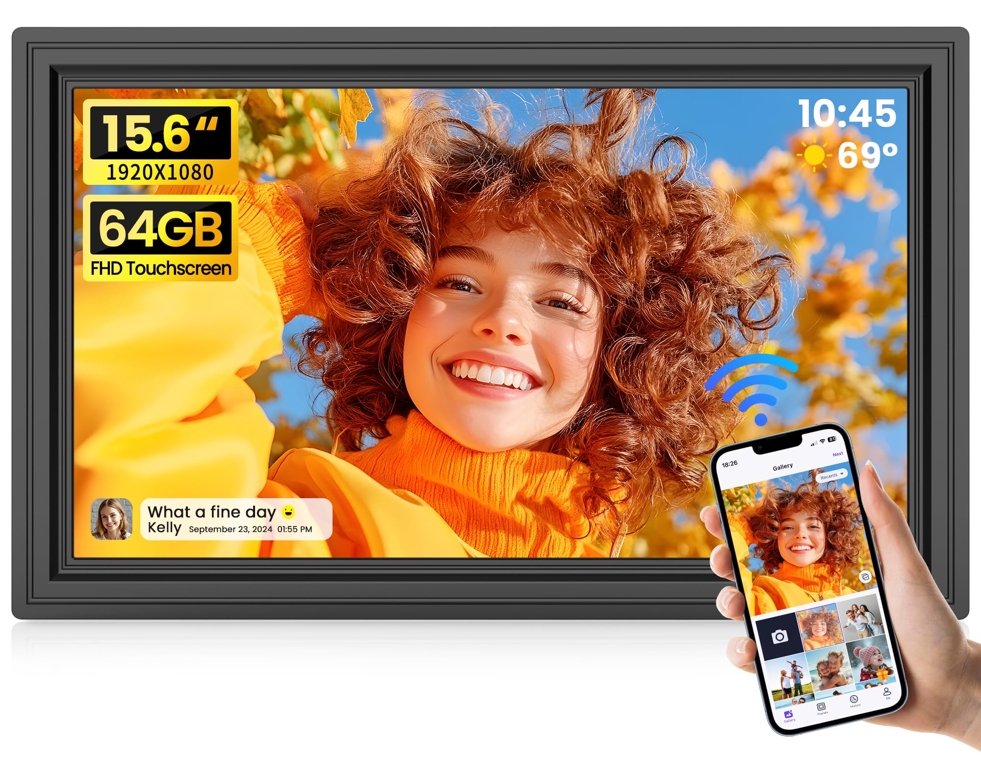 Photo 1 of 64GB 15.6" Large Digital Picture Frame, Uhale WiFi Electronic Photo Frames with 1920 x 1080 FHD IPS Touch Screen, Support Auto-Rotate Wall Mounted SD&USB Card, Share Photos/Videos from Phone Instantly