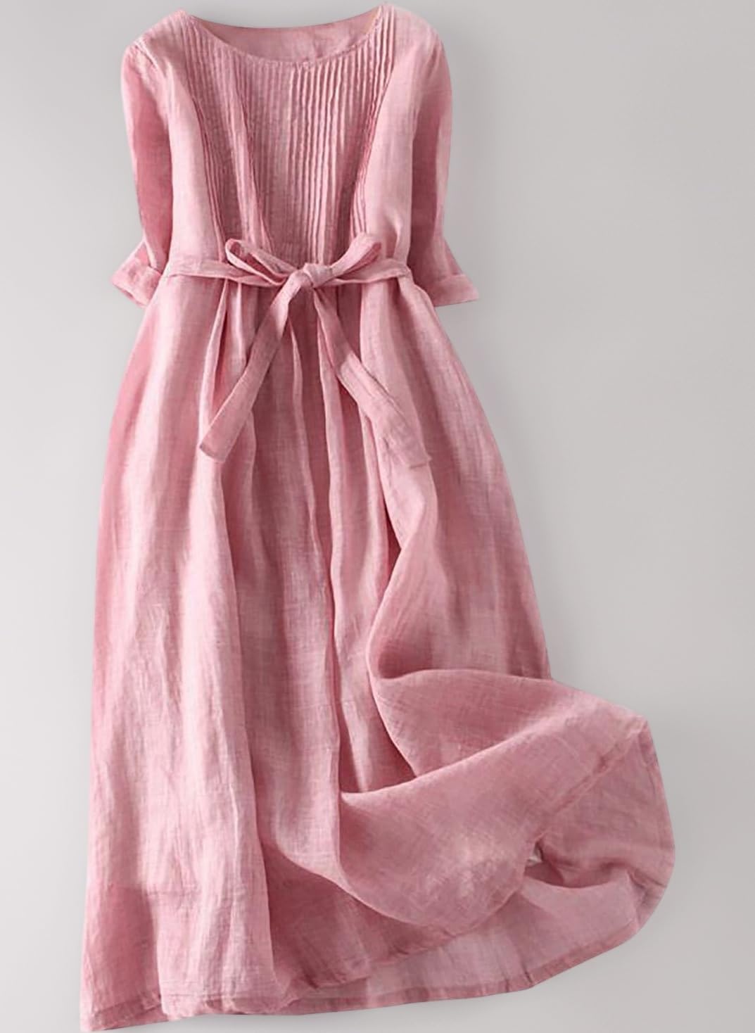 Vintage Linen Dresses for Women UK Cotton Linen Maxi Dresses Lace Up Round Neck Half Sleeve Dress Pleated Boho Beach Holiday Dresses Summer Casual Tunic Dress Elastic Waist Tie Long Dress