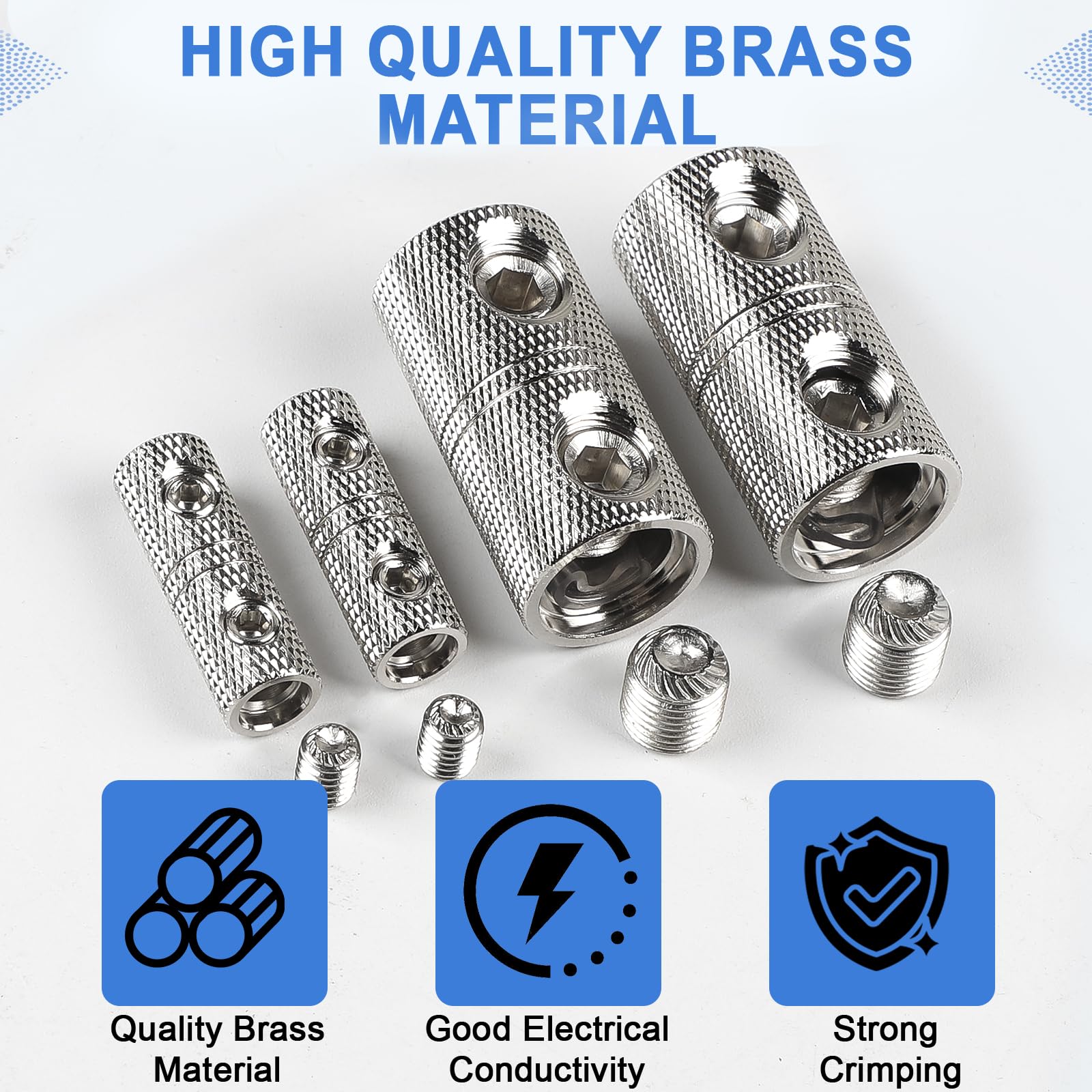 Recoil BC48 Inline-Spleißverbinder Für 4-8 AWG (25-10 Mm²) – Messing Mit Inbusschraube, Satinverchromt, Inkl. Silikonabdeckungen – Crimpen Nicht Nötig