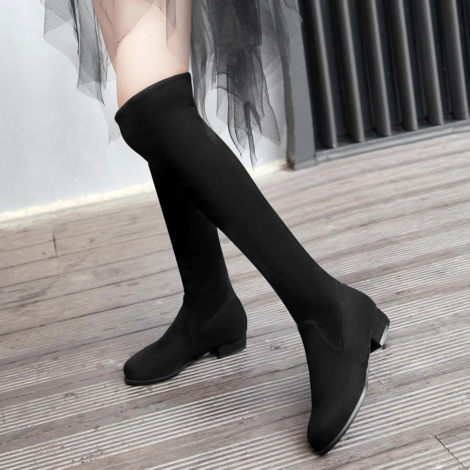 Women Comfortable Low Heel Suede Stretch Over Knee Boots