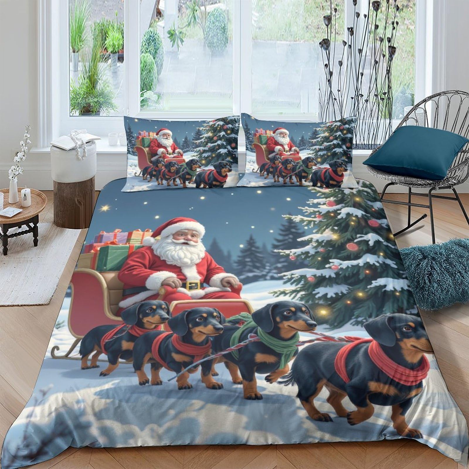 Ctjqhvkz Style-8 3D Printed Santa Dachshund Fitted Sheet Microfiber Soft Christmas Tree Bed Cover For Bedroom Guest Room Decor Single（135X200cm）