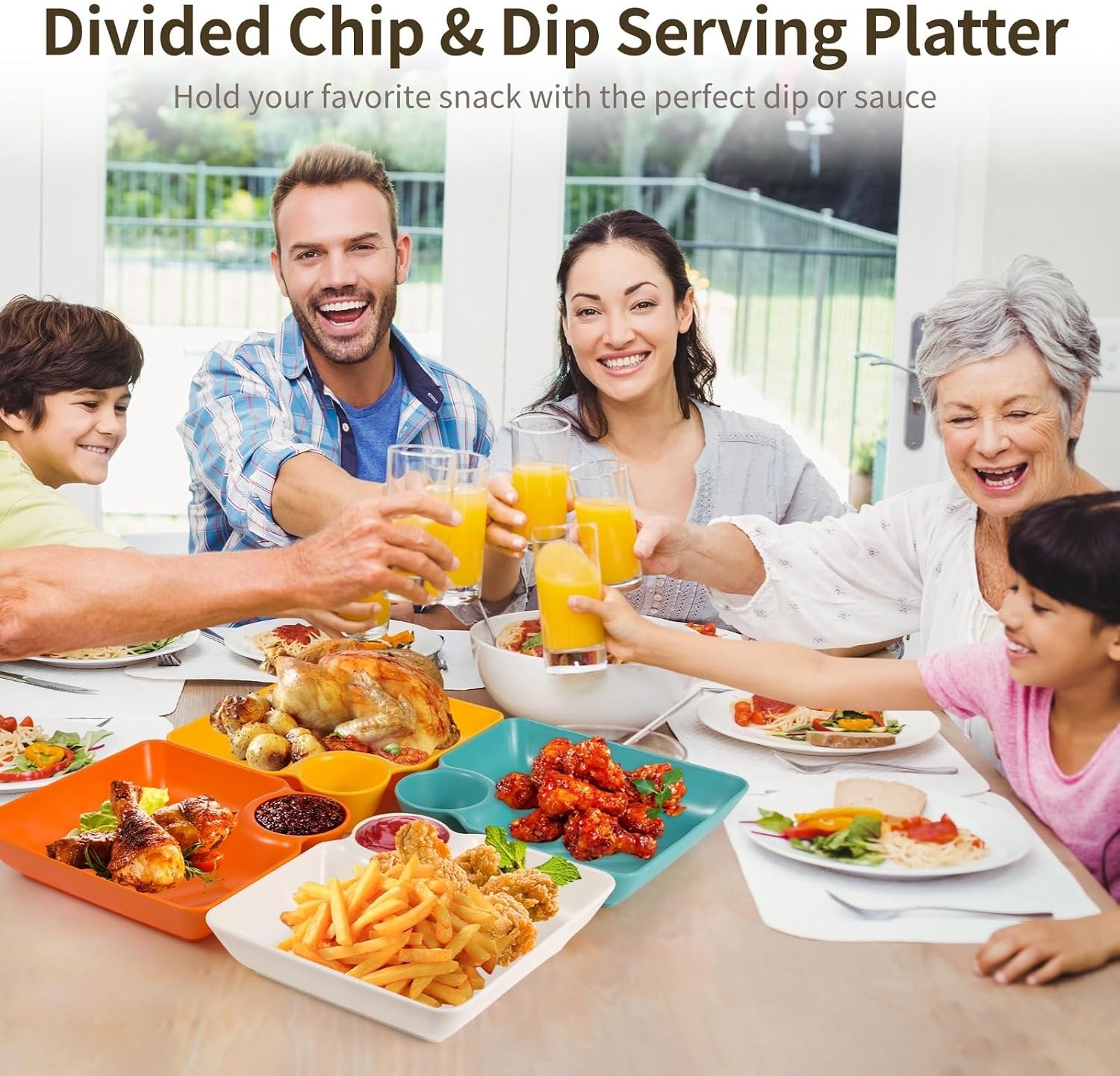 16-Piece Chip & Dip Serving Platters Set, Divided Dumpling Plate with Sauce Dish, Reusable Snack & Appetizer Tray in Assorted Colors for Gatherings, Bbqs, Parties