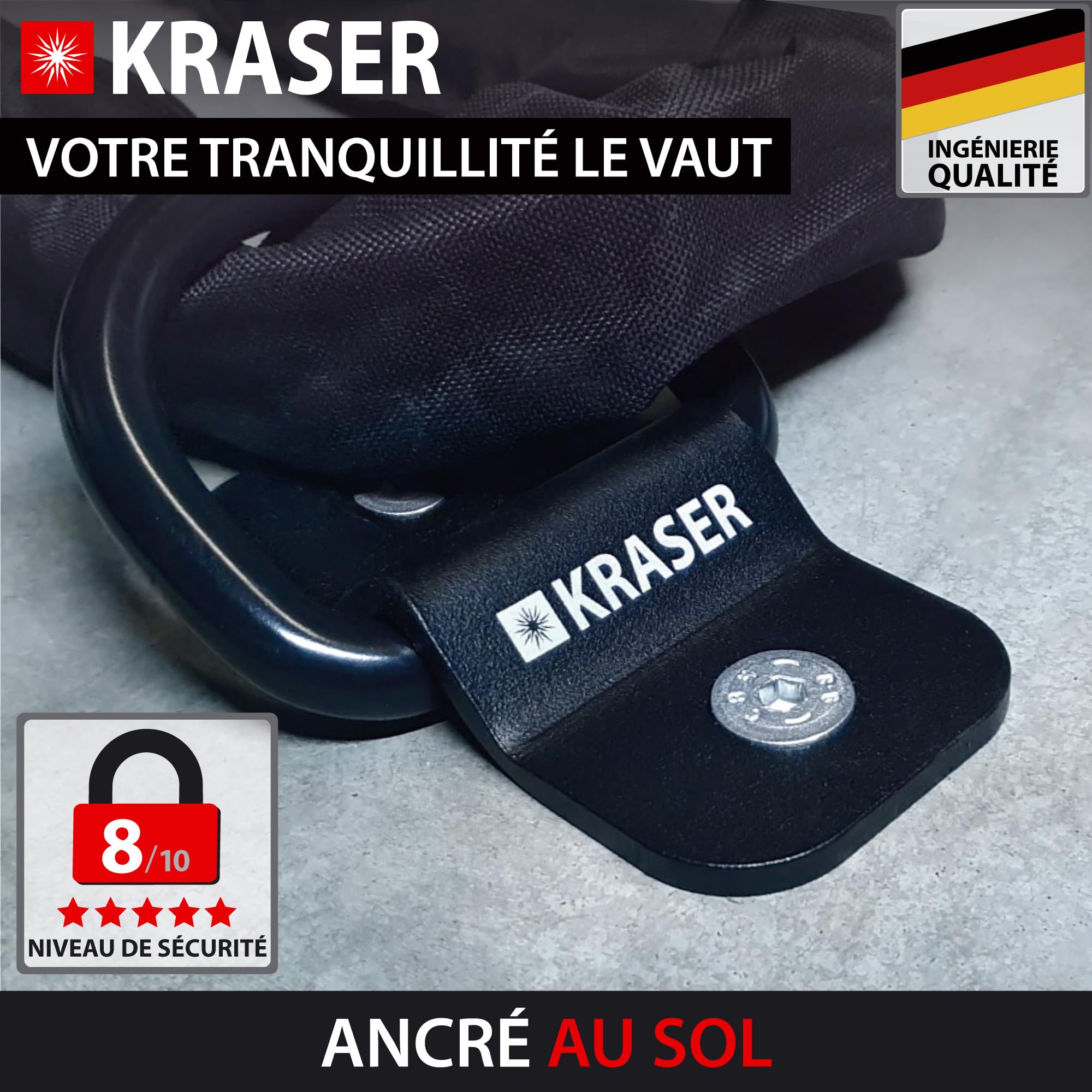 KRASER KR802 Ancrage Sécurité Sol et Mur, Anneau Basculant ø14, Tout Acier Compact Résistant avec Attaches Vis Bouchons Expansifs, Fixation Antivol Moto Garage Parking Vélo Remorque, Fix Bloque Ancre