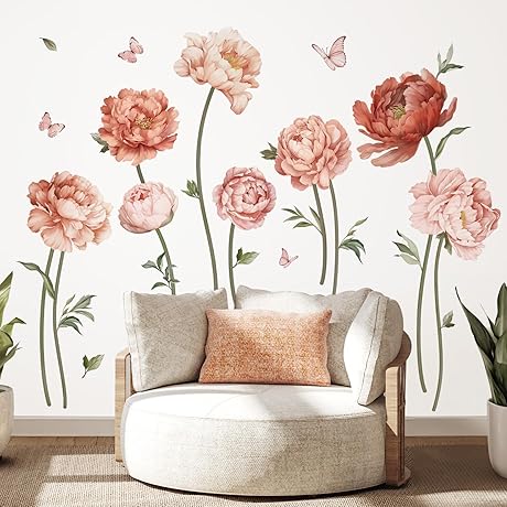 wondever Pink Peony Rose Flower Wall Stickers
