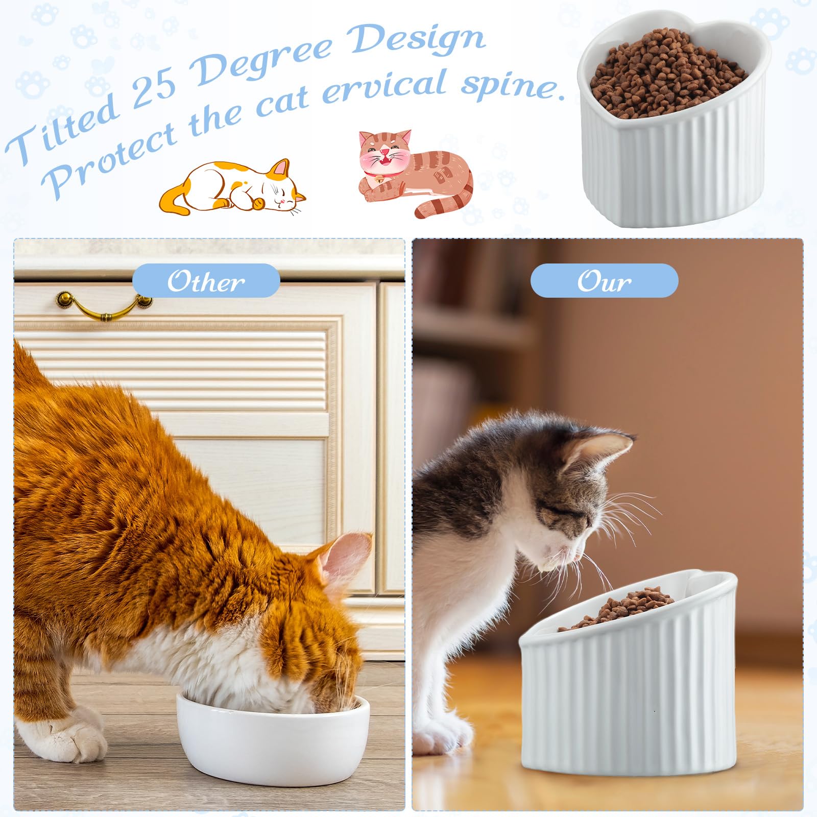 Mumufy 2 ciotole per gatti rialzate in ceramica inclinate rialzate per animali domestici, anti-vomito, per interni, senza stress, per cuccioli, a forma di cuore (bianco perlato)
