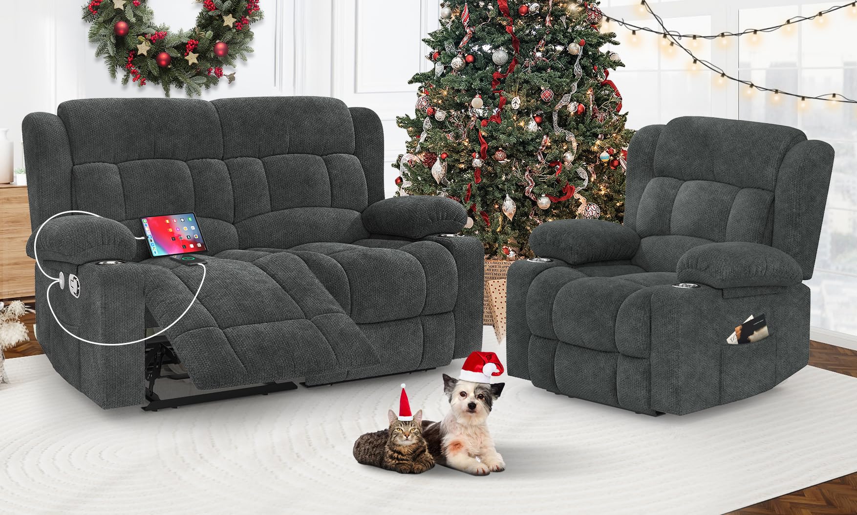 IROSTAE Loveseat Recliner Sofa Set with 2+1 Pieces, 2 Seater Minimalist Style Fabric Manual Pull Tab Reclining Loveseat with USB Charge Ports, Cup