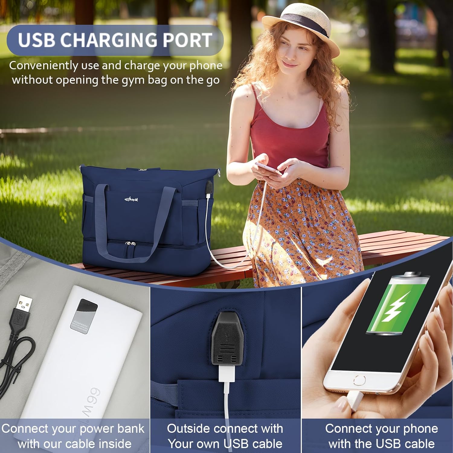 ETRONIK Gym Bag for Women, Personal Item Travel Bag with Shoes Compartment, Weekender Overnight Duffel Bag with Wet Pocket & USB Charging Port, Carry On Bag for Women, Travel, Gym, Weekend - Image 5